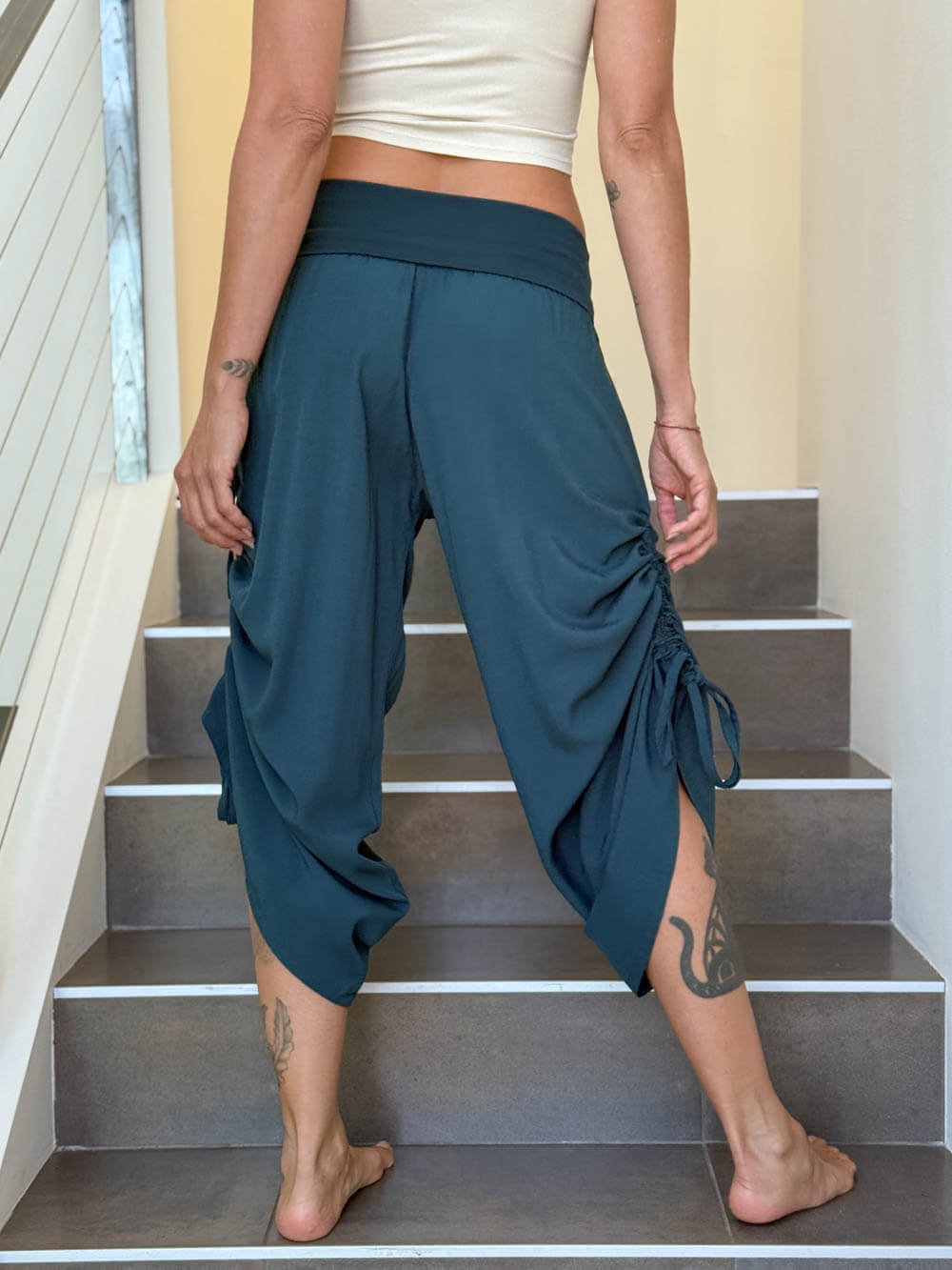 women's natural rayon lightweight loose fit adjustable side ruched pants with stretchy wide waistband #color_teal