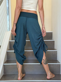 women's natural rayon lightweight loose fit adjustable side ruched pants with stretchy wide waistband #color_teal