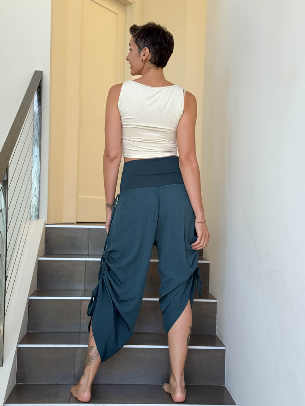 women's natural rayon lightweight loose fit adjustable side ruched pants with stretchy wide waistband #color_teal