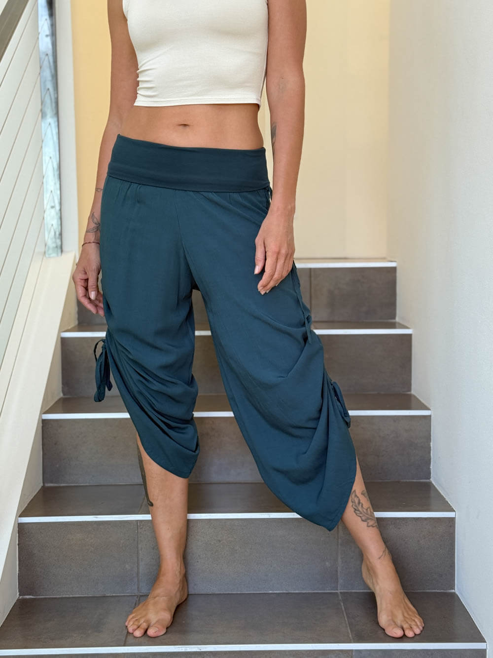 women's natural rayon lightweight loose fit adjustable side ruched pants with stretchy wide waistband #color_teal