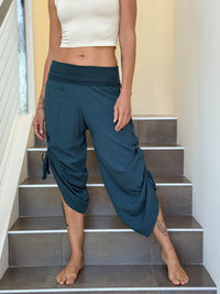 women's natural rayon lightweight loose fit adjustable side ruched pants with stretchy wide waistband #color_teal