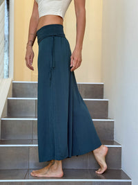 women's natural rayon lightweight loose fit adjustable side ruched pants with stretchy wide waistband #color_teal