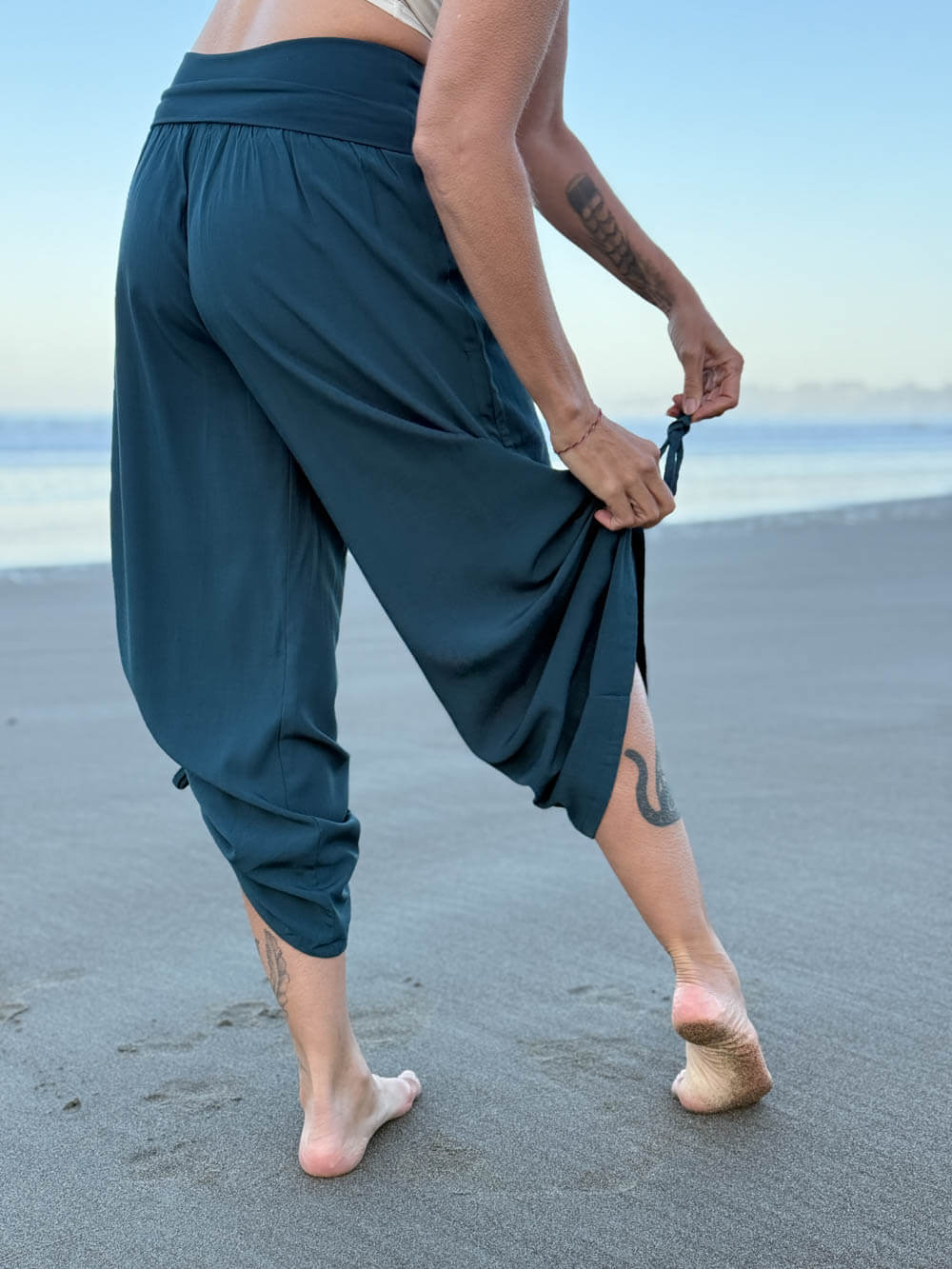 women's natural rayon lightweight loose fit adjustable side ruched pants with stretchy wide waistband #color_teal