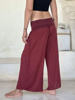 women's natural rayon lightweight loose fit adjustable maroon side ruched pants with stretchy wide waistband #color_wine