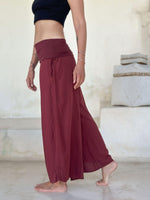 women's natural rayon lightweight loose fit adjustable maroon side ruched pants with stretchy wide waistband #color_wine