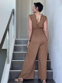  caraucci golden brown cotton one piece ruffle pantsuit with smocked waistband #color_camel