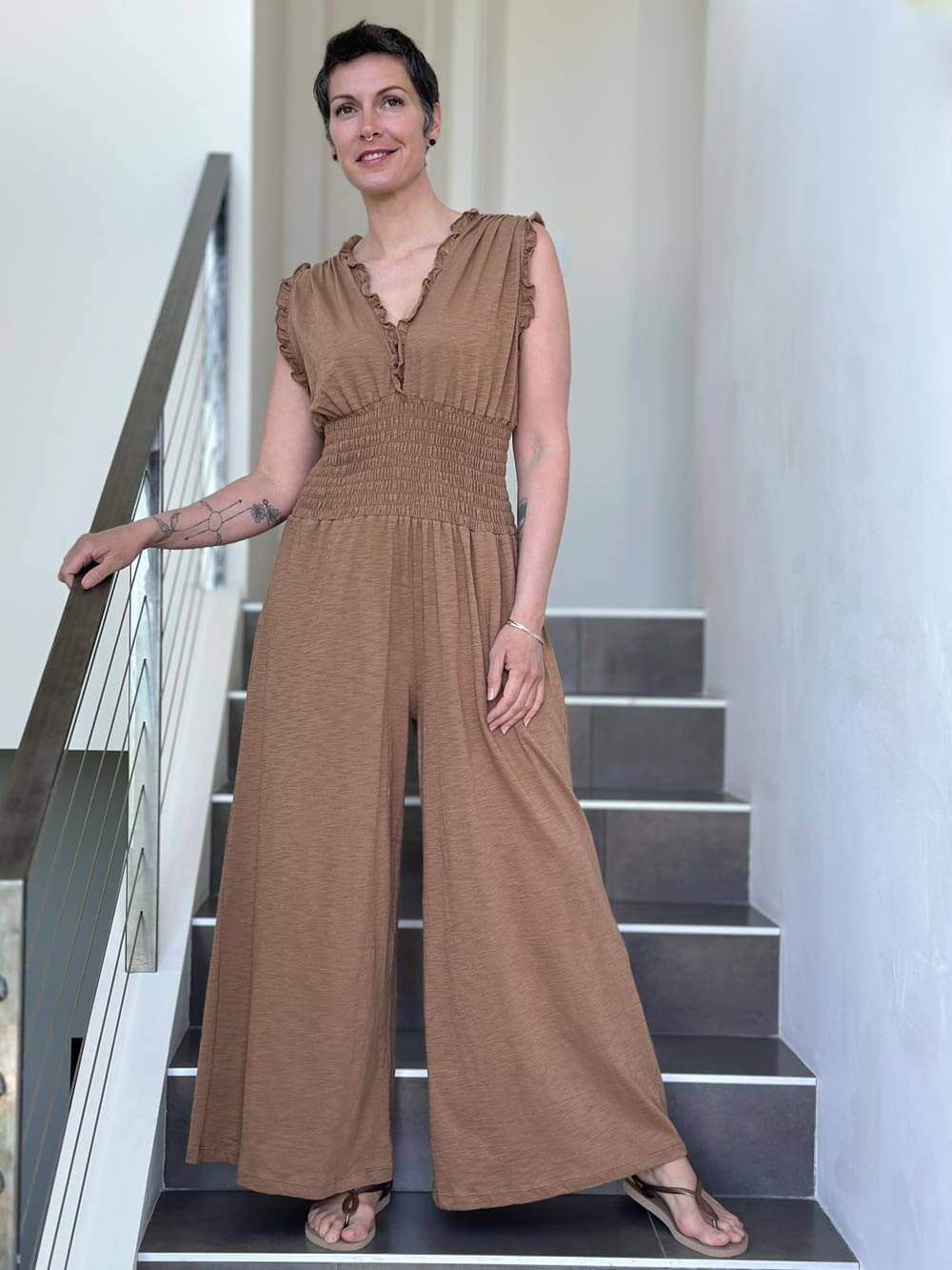  caraucci golden brown cotton one piece ruffle pantsuit with smocked waistband #color_camel