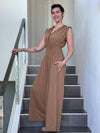  caraucci golden brown cotton one piece ruffle pantsuit with smocked waistband #color_camel
