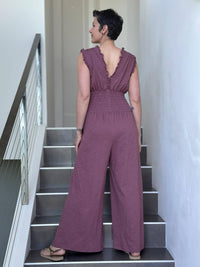  caraucci rose pink cotton one piece ruffle pantsuit with smocked waistband #color_mangosteen