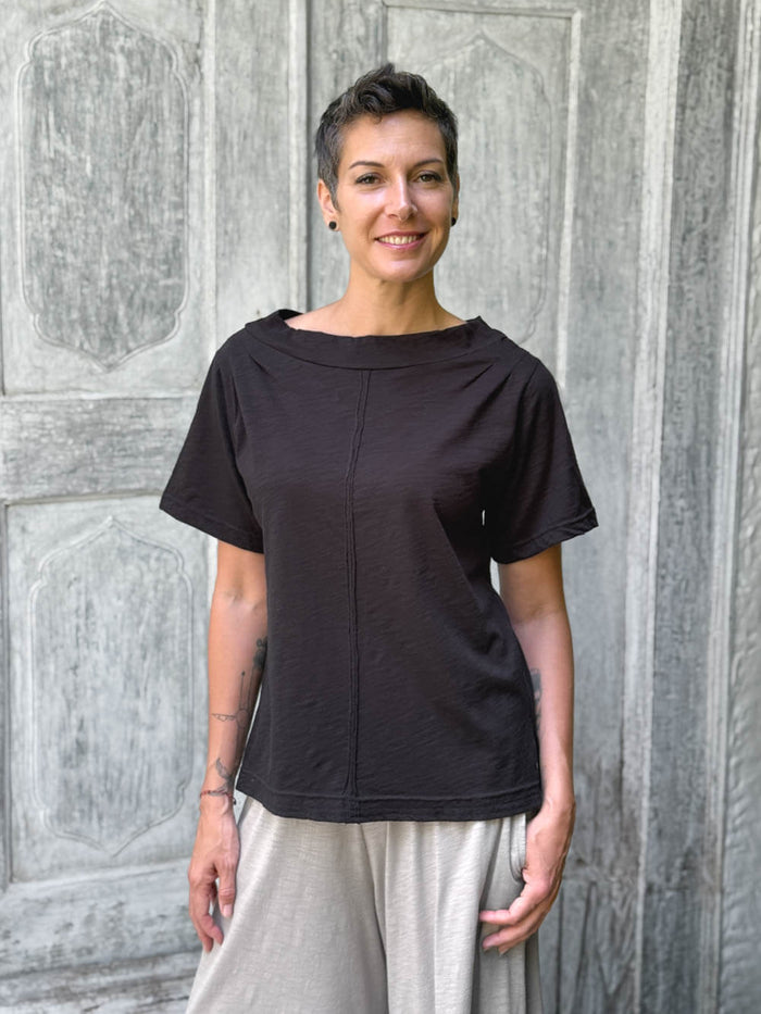 caraucci cotton black bateau tee with relaxed fit and folded neckline #color_black