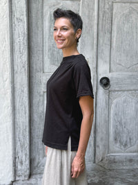 caraucci cotton black bateau tee with relaxed fit and folded neckline #color_black