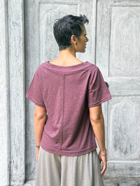 caraucci cotton soft mauve bateau tee with relaxed fit and folded neckline #color_mangosteen