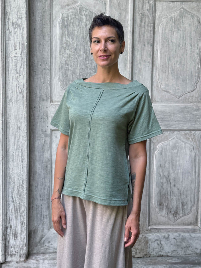 caraucci cotton soft sage green bateau tee with relaxed fit and folded neckline #color_matcha