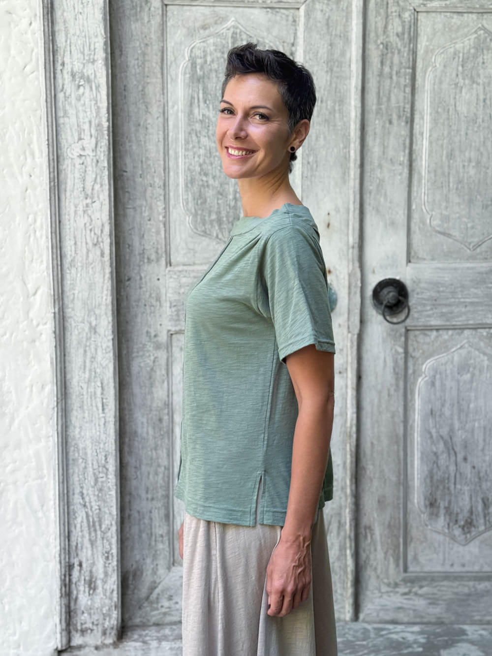 caraucci cotton soft sage green bateau tee with relaxed fit and folded neckline #color_matcha