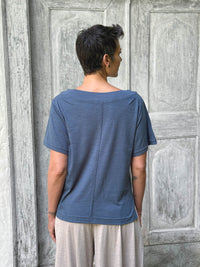 caraucci cotton pacific blue bateau tee with relaxed fit and folded neckline #color_pacific