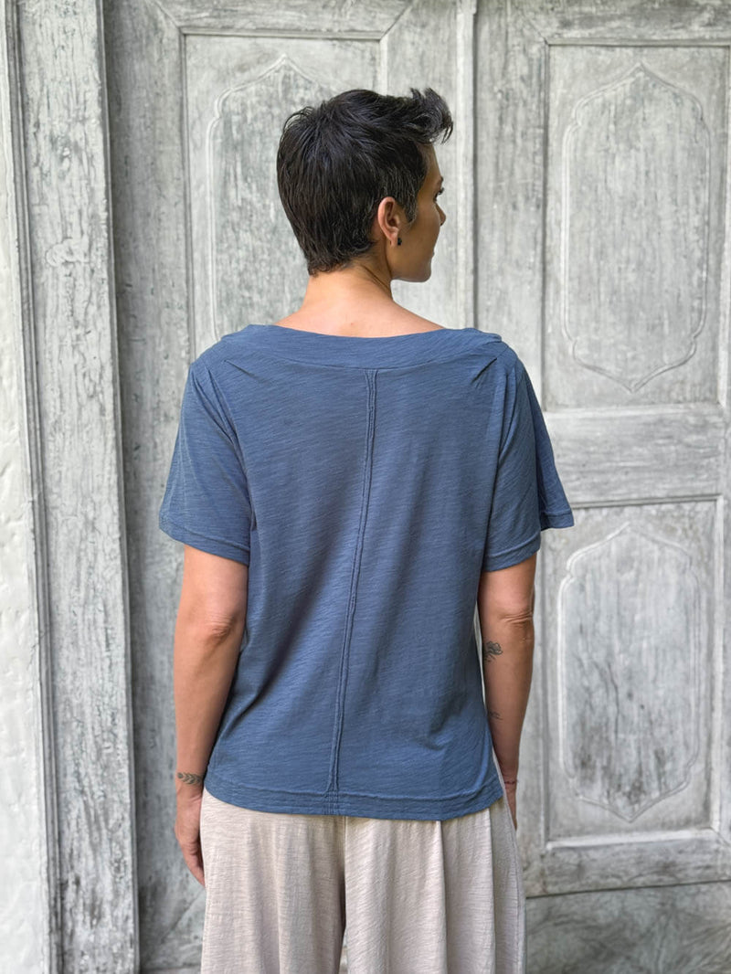 caraucci cotton pacific blue bateau tee with relaxed fit and folded neckline #color_pacific