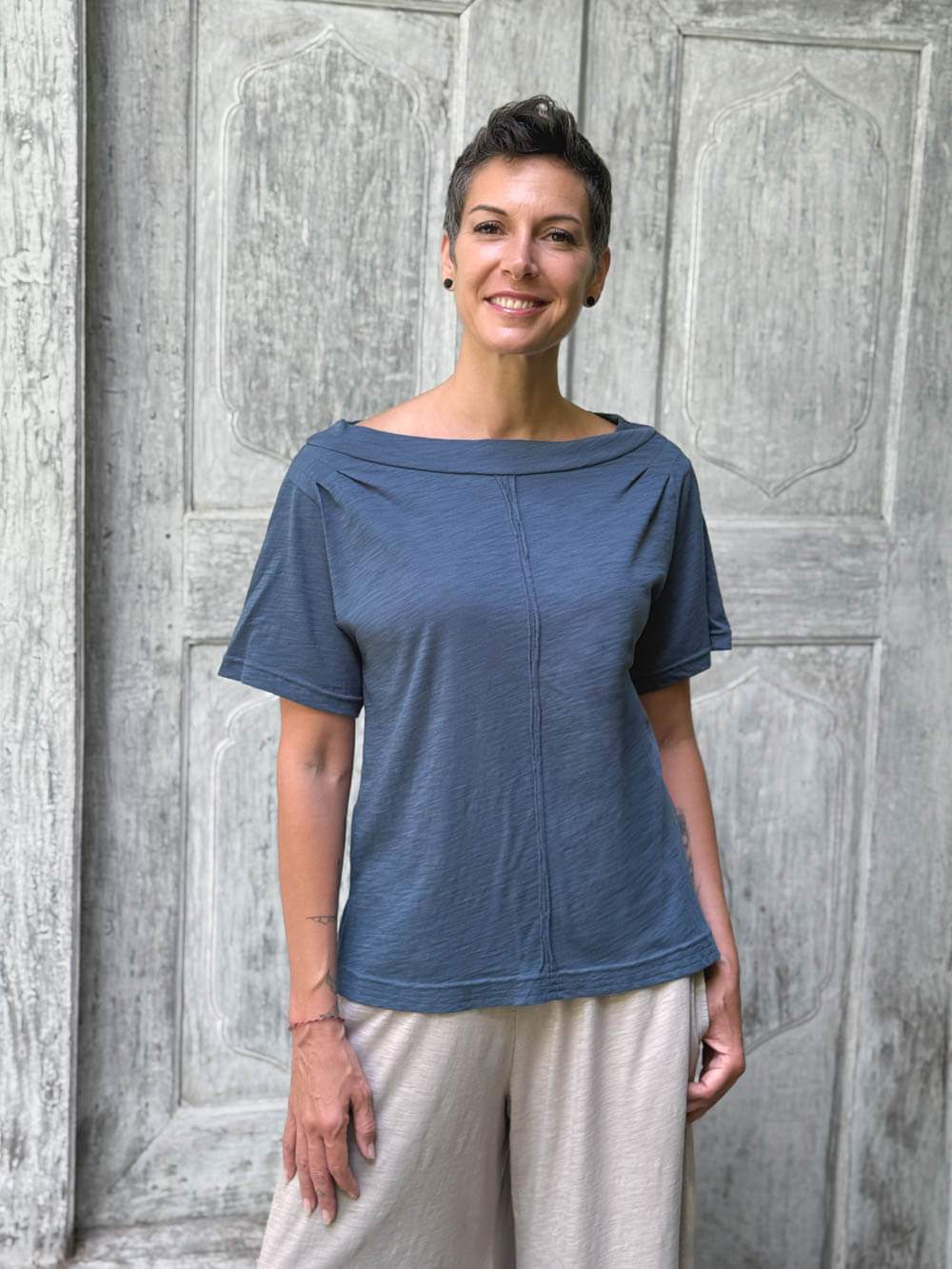 caraucci cotton pacific blue bateau tee with relaxed fit and folded neckline #color_pacific