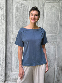 caraucci cotton pacific blue bateau tee with relaxed fit and folded neckline #color_pacific