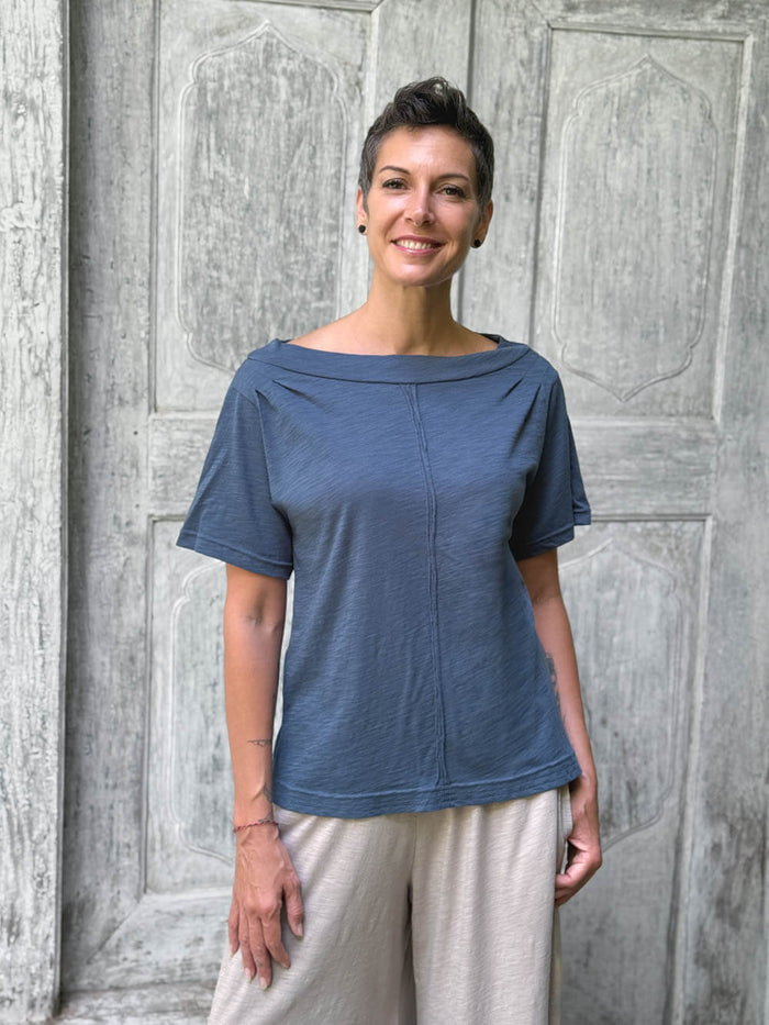 caraucci cotton pacific blue bateau tee with relaxed fit and folded neckline #color_pacific