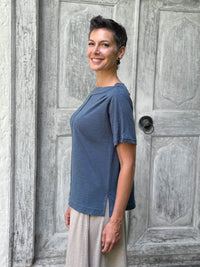 caraucci cotton pacific blue bateau tee with relaxed fit and folded neckline #color_pacific