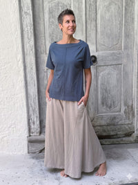 caraucci cotton pacific blue bateau tee with relaxed fit and folded neckline #color_pacific