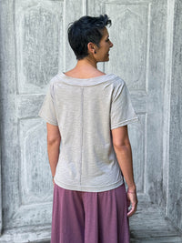 caraucci cotton soft taupe bateau tee with relaxed fit and folded neckline #color_sahara