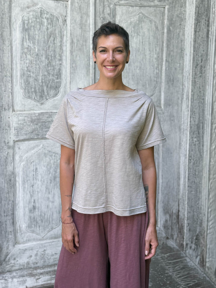 caraucci cotton soft taupe bateau tee with relaxed fit and folded neckline #color_sahara