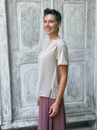 caraucci cotton soft taupe bateau tee with relaxed fit and folded neckline #color_sahara