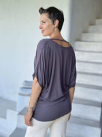 caraucci women's lightweight short sleeve steel grey loose fit top #color_steel