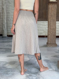 caraucci siena midi skirt in soft stone neutral cotton smocked waist midi skirt with pockets #color_sahara