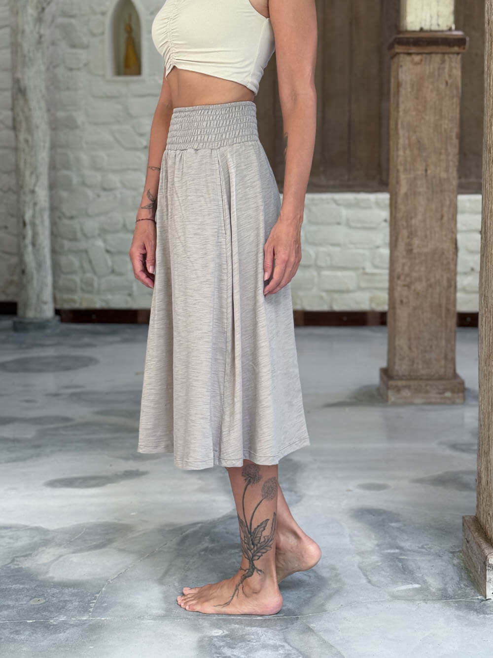 caraucci siena midi skirt in soft stone neutral cotton smocked waist midi skirt with pockets #color_sahara