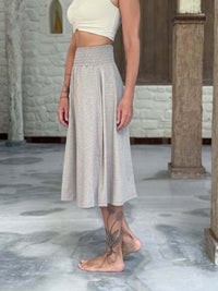 caraucci siena midi skirt in soft stone neutral cotton smocked waist midi skirt with pockets #color_sahara