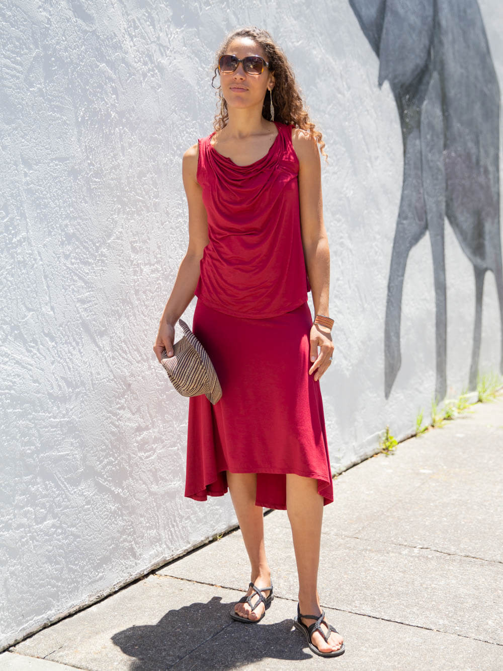 women's plant based rayon jersey stretchy scarlet red midi skirt can also be worn as a dress #color_scarlet