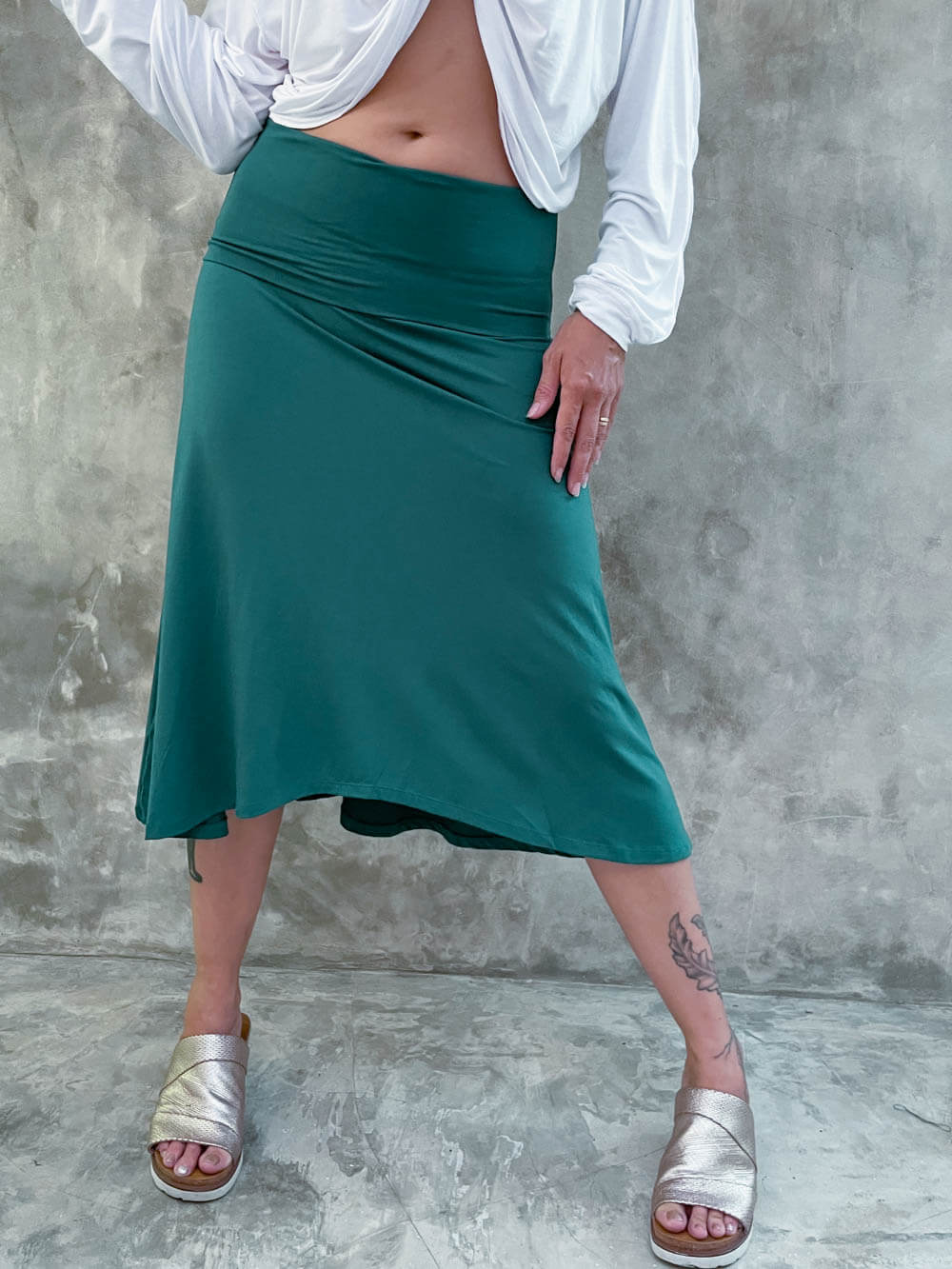 women's plant based rayon jersey stretchy jasper green midi skirt can also be worn as a dress #color_jasper