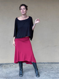 women's plant based rayon jersey stretchy scarlet red midi skirt can also be worn as a dress #color_scarlet