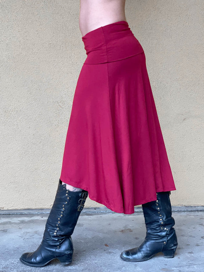 women's plant based rayon jersey stretchy scarlet red midi skirt can also be worn as a dress #color_scarlet