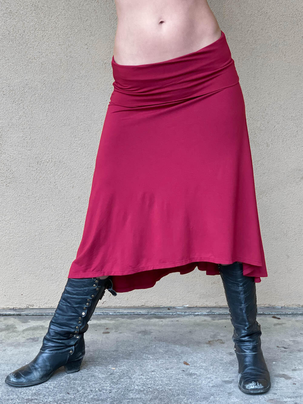 women's plant based rayon jersey stretchy scarlet red midi skirt can also be worn as a dress #color_scarlet