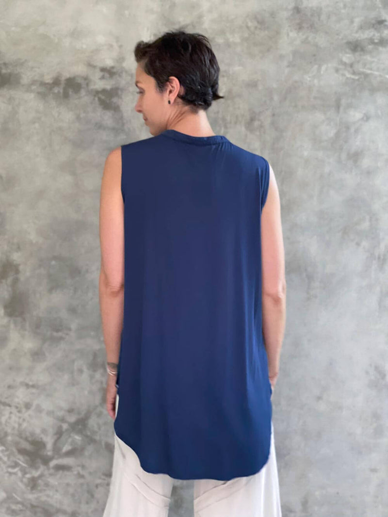 caraucci plant-based soft rayon jersey sleeveless navy blue loose fit kurta style tunic #color_navy