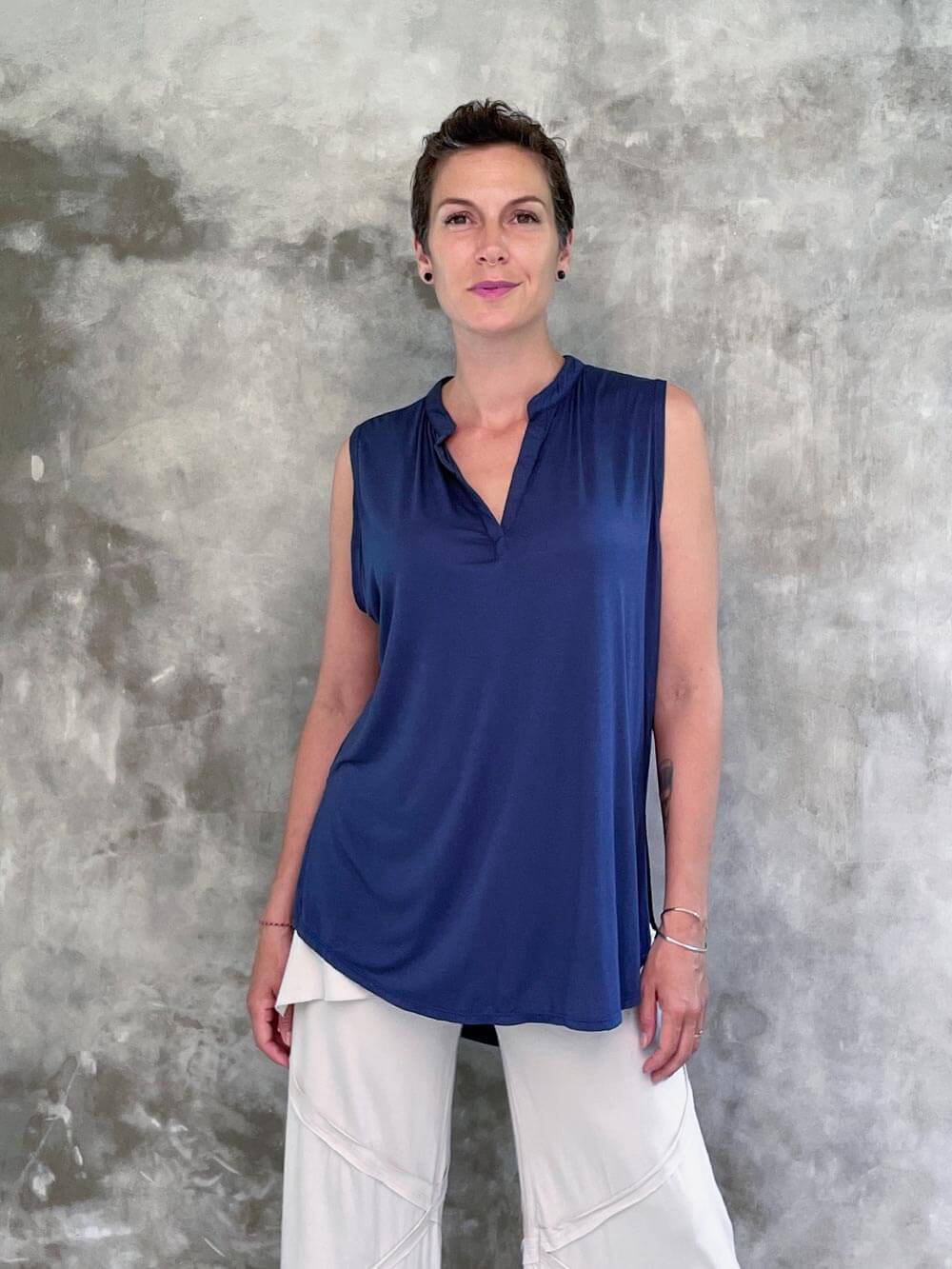 caraucci plant-based soft rayon jersey sleeveless navy blue loose fit kurta style tunic #color_navy