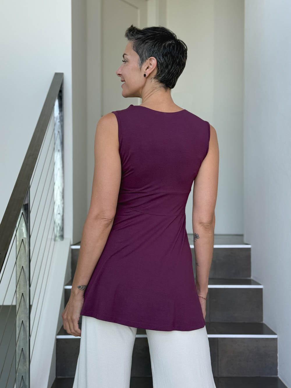caraucci v neck sleeveless purple tunic with gathered bodice and flowing silhouette #color_jam