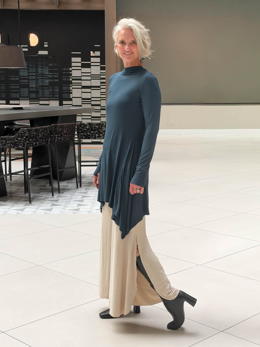 women's natural rayon jersey stretchy slit flow pants with elastic waistband #color_cream