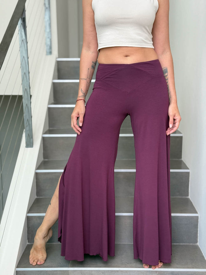 caraucci stretch jersey purple wide-leg side slit full-length flow pants #color_jam