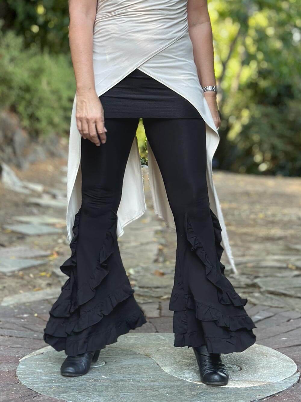 Stretchy Solid Wide Flare Ruffle Pants