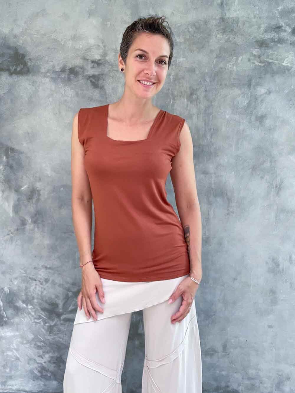 women's plant based rayon jersey stretchy burnt orange square neck cap sleeve t-shirt #color_copper