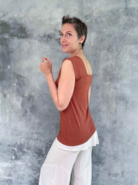 women's plant based rayon jersey stretchy burnt orange square neck cap sleeve t-shirt #color_copper