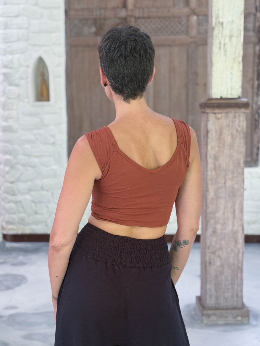 caraucci sweetheart neckline orange ruched crop top in lightweight stretch jersey #color_copper