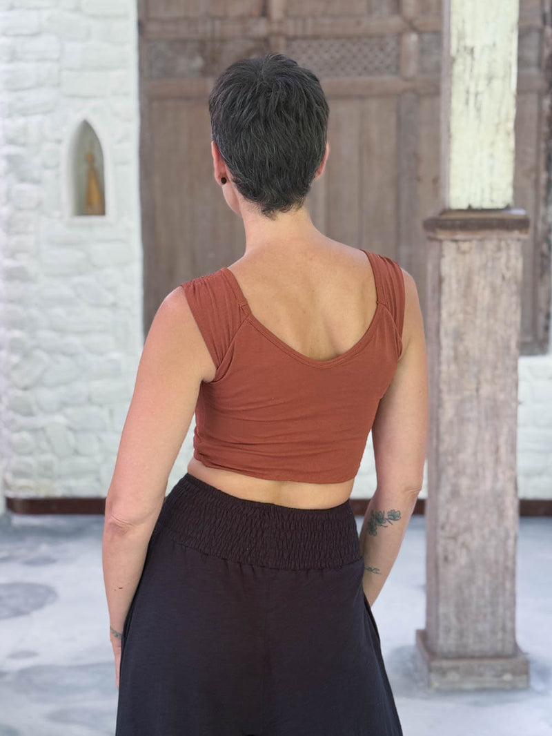 caraucci sweetheart neckline orange ruched crop top in lightweight stretch jersey #color_copper