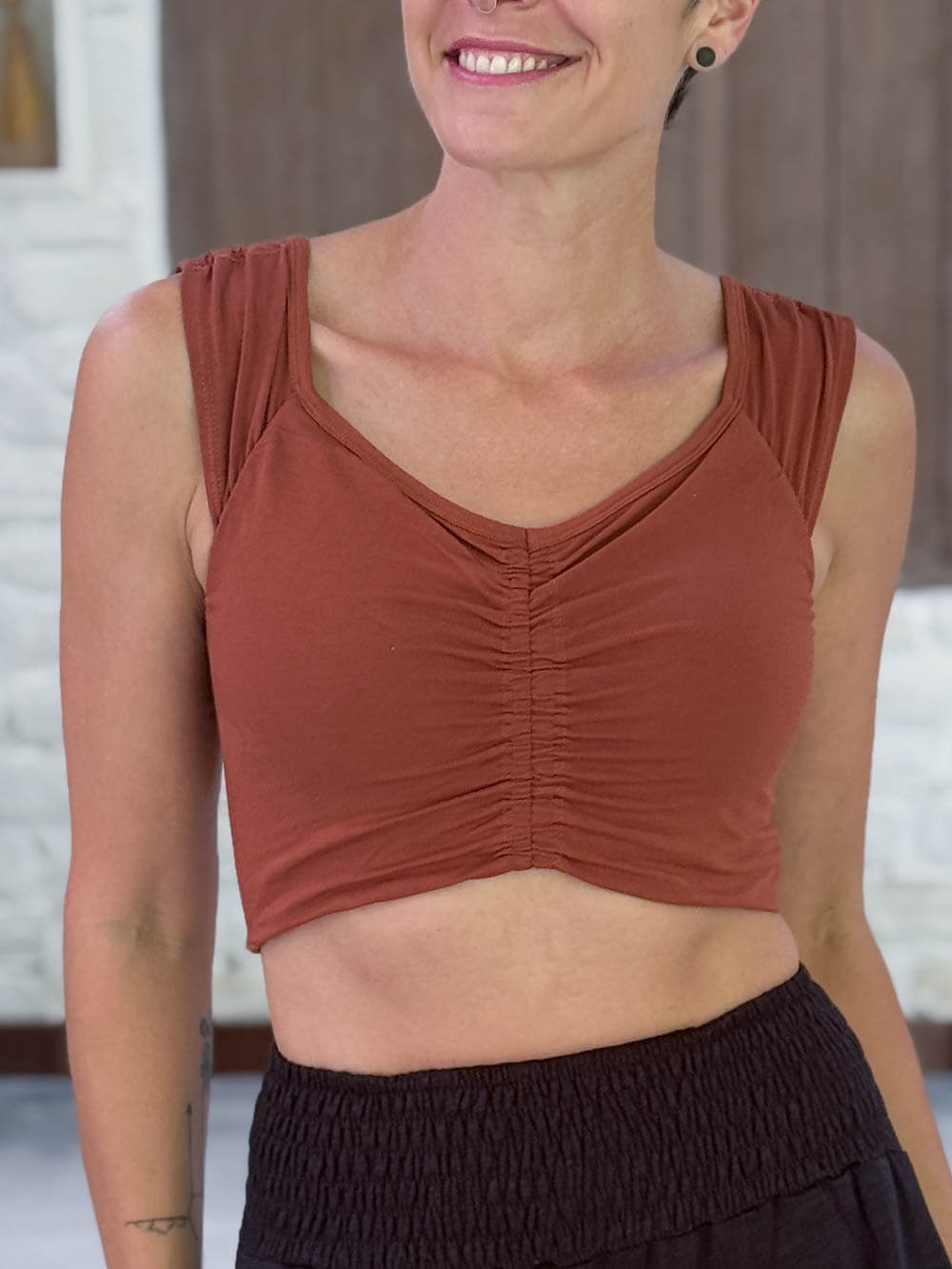 caraucci sweetheart neckline orange ruched crop top in lightweight stretch jersey #color_copper