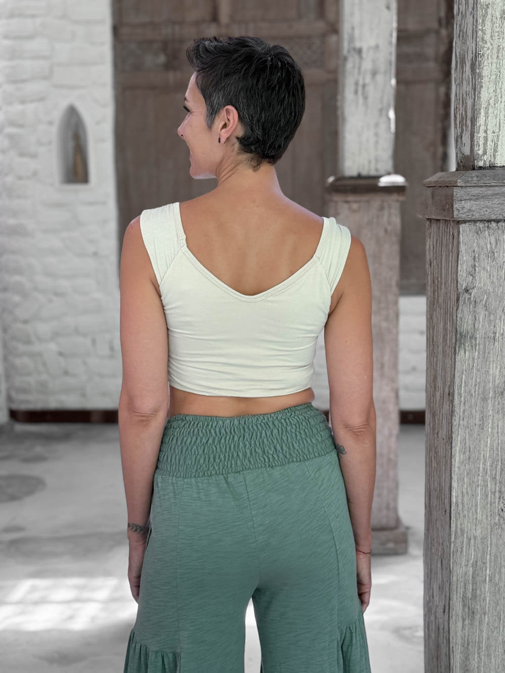caraucci sweetheart neckline cream ruched crop top in lightweight stretch jersey #color_cream