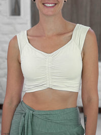 caraucci sweetheart neckline cream ruched crop top in lightweight stretch jersey #color_cream